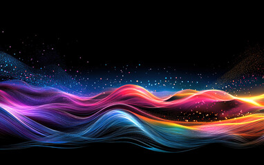 Experience a mesmerizing dance of colorful waves and particles against a deep black backdrop, evoking a sense of movement and energy in this stunning digital artwork.