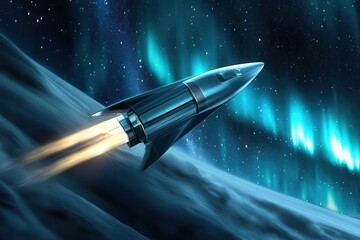 futuristic spacecraft launching through aurora borealis, sleek metallic hull reflecting cosmic lights, dramatic vertical composition