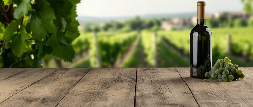 Rustic wooden table situated in a lush vineyard landscape, suitable for wine tasting or a countryside retreat