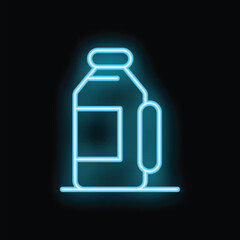 Obraz premium Bright blue neon icon of laundry detergent bottle glowing on black background