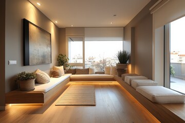 Fototapeta premium Modern living room design urban apartment interior bright atmosphere