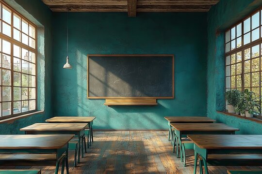 An empty classroom features desks and chairs organized to face a green chalkboard, with a clock mounted on the wall