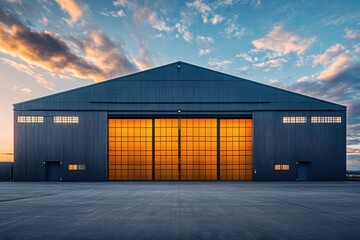 Obraz premium Large industrial hangar with illuminated doors at sunset