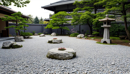 Fototapeta premium Peaceful Zen Garden with Raked Gravel and Stone Lanterns