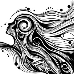 Fototapeta premium Dynamic black and white vector illustration of a female profile with flowing hair and abstract swirls 