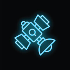 Obraz premium Blue neon satellite icon glowing on dark background representing concepts such as space exploration, communication and technology