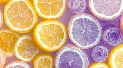 Fototapeta premium Creative Arrangement of Colorful Lemon Slices Floating on Vibrant Background for Artistic Culinary Inspiration. Generative AI