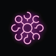 Glowing purple neon virus icon on black background, symbolizing the spread of a global pandemic
