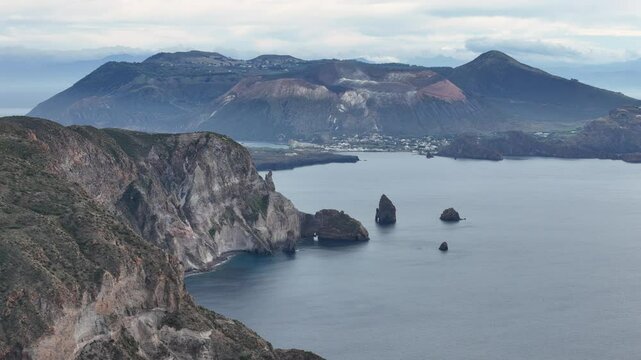 Aerial View of Salina Island - Stunning Volcanic Landscape in the Aeolian Islands, Tyrrhenian Sea, Sicily, Italy.