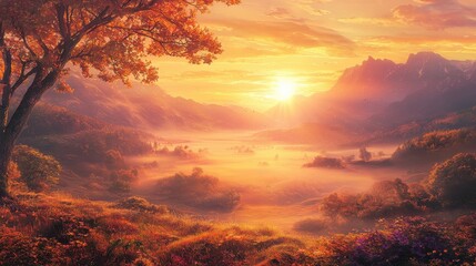 Naklejka premium Misty autumn sunrise over a valley, warm golden light illuminates orange and red foliage, creating a peaceful and serene atmosphere.