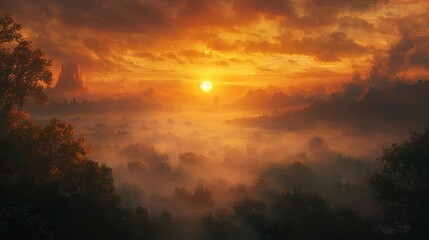 Fototapeta premium Misty sunrise over a dense forest with a fiery orange sky, showcasing a dramatic landscape bathed in warm light.