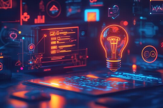 glowing lightbulb floating in dark digital space, surrounded by educational icons and holographic interface, futuristic learning concept