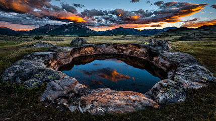 Obraz premium Sunset reflection in mountain pool, scenic landscape