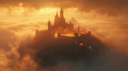 Orange sunset illuminates a ruined castle perched atop a cloud covered mountain. The scene is dramatic and evokes a sense of desolation and mystery.
