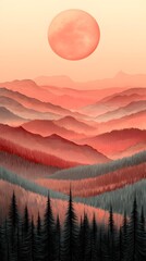 A serene landscape featuring layered mountains and dense forests beneath a vibrant, oversized red sun at sunset, creating a warm and soothing atmosphere.