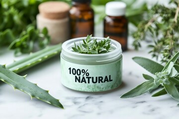 Jar of 100 percent natural ointment surrounded by medicinal herbs and aloe vera