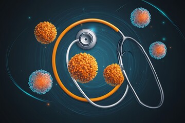 An artistic vector illustration of a stethoscope forming a ring around a series of organic cells, illustrating cellular health and biology on World Health Day,