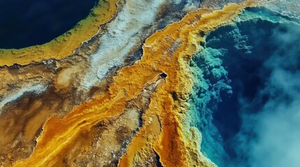 Naklejka premium Aerial View of Yellowstone's Geothermal Wonder: A Symphony of Color and Texture