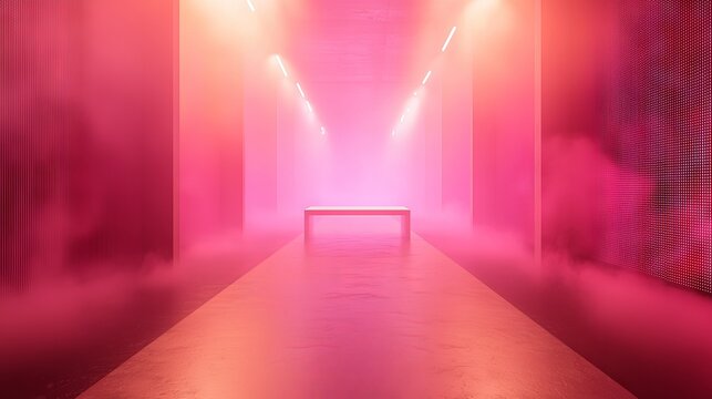 A stylish runway event with pink lights highlighting the catwalk, evoking motivation, art, and luxury design.