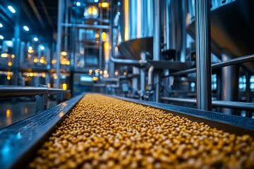 Malt grains moving on conveyor belt in brewery processing plant