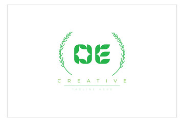OE letters eco logo with leaf. Fresh nature and healthy leaf logo design.