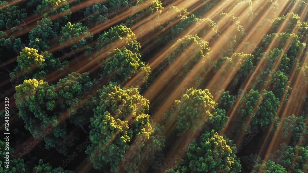 Poster sunlight filters through lush forest canopy in a serene outdoor setting during golden hour