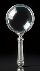 A sleek, elegant magnifying glass with a polished silver handle. The glass is crystal clear and catches light, set against a solid black background, enhancing its sophistication.