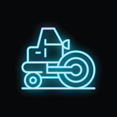 Bright blue neon icon of a road roller working on a road construction project
