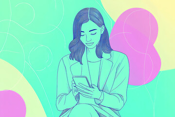 Young woman engaged with smartphone amidst vibrant abstract background showcasing playful colors and soft shapes