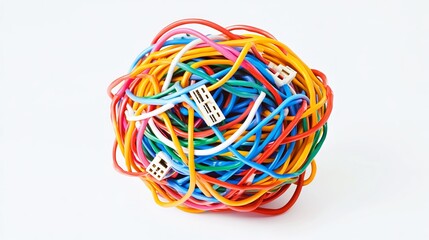 An assortment of multicolored network cables and plugs, featuring RJ45 connectors, are tightly bundled together to form a ball shape