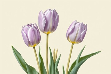 Fototapeta premium Three lilac tulip flowers on light yellow background