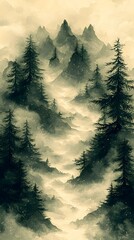 A serene, misty landscape featuring tall evergreen trees and majestic mountains, evoking a sense of tranquility and mystery in soft, muted tones.