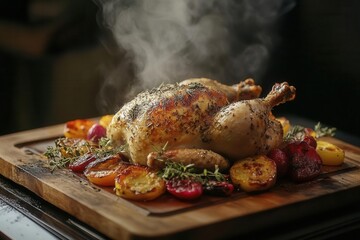 herb-crusted rotisserie chicken on rustic wooden board, surrounded by roasted rainbow vegetables, steam rising, golden-brown skin glistening