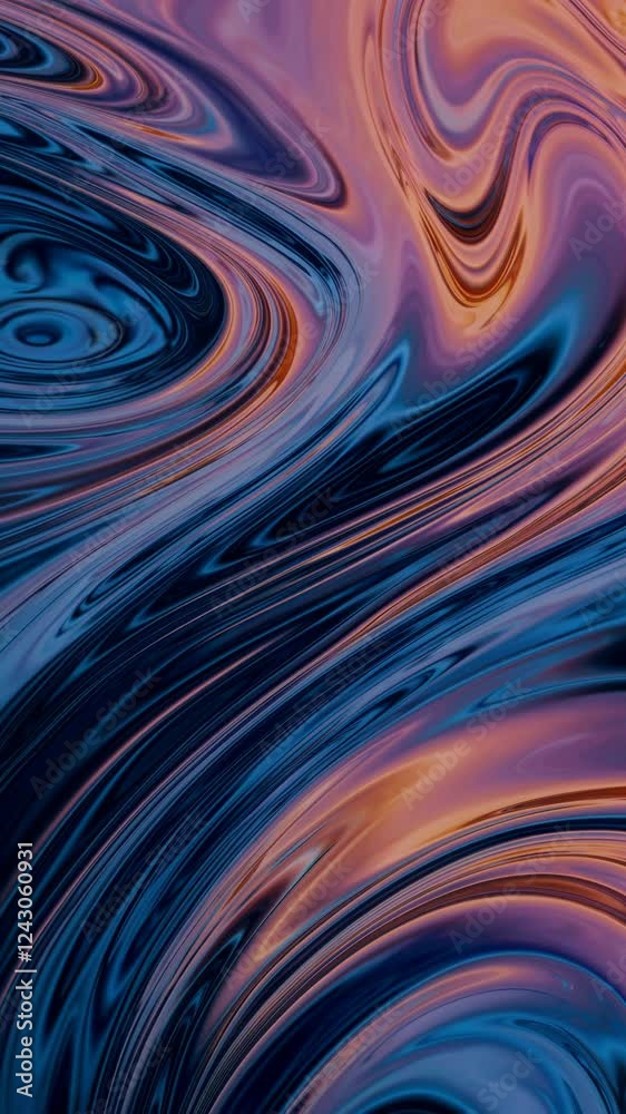 Poster fluid waves of deep blue, orange, and pink with soft line textures.