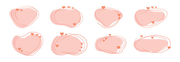 Romantic drop shape in pink color with lines and cute hearts. Various irregular frames with hearts for festive, romantic, elegant design. Vector blot for valentine's day and wedding.
