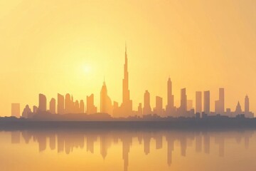 Fototapeta premium City Skyline Reflects in Water at Golden Hour Sunset Urban Landscape.
