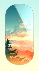 A stunning digital illustration depicting a serene mountain landscape at sunrise, featuring vibrant colors and soft clouds, framed within a sleek, modern display shape.