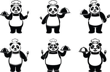 Cute Panda wearing a chef's hat and apron vector illustration set, Panda wearing a chef's hat and apron silhouette vector art, Panda wearing a chef's hat and apron black line art vector design