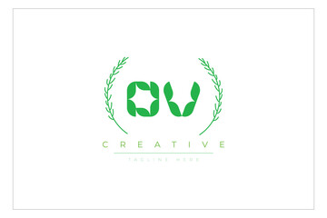 OV letters eco logo with leaf. Fresh nature and healthy leaf logo design.