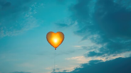 Fototapeta premium A heart-shaped balloon glowing in the twilight sky, romantic and dreamy, with negative space.