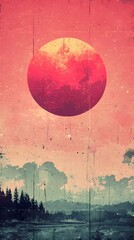 A vibrant sunset featuring a large, glowing sun against a textured sky in shades of pink and orange, with silhouetted mountains and evergreen trees in the foreground.