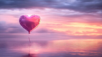 Fototapeta premium A heart-shaped glowing balloon floating in a dreamy twilight setting, perfect for romantic festival themes.