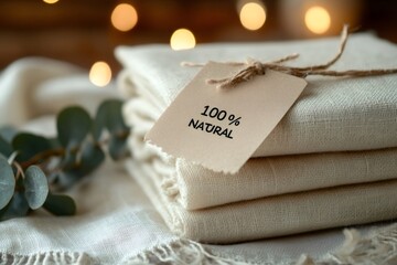 Stack of natural fiber textiles with 100 percent natural label and eucalyptus branch