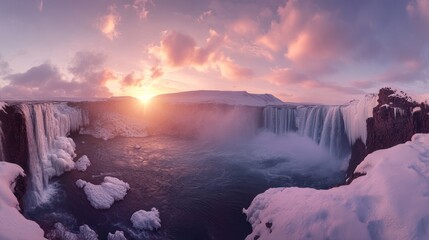 Winter sunset over Icelandic waterfall, snowy landscape