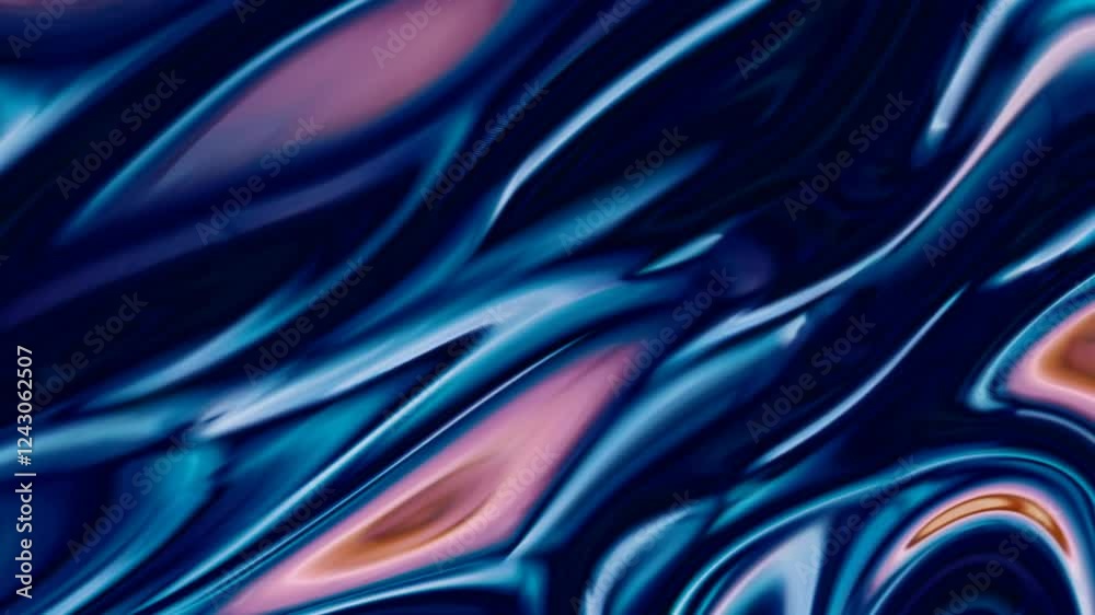 Poster fluid waves of deep blue, orange, and pink with soft line textures.