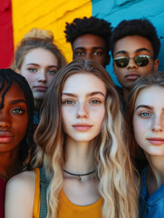 Fototapeta premium Diverse group of young people smiling against colorful wall