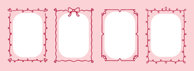  wedding quirky trendy frame or text box card, hand drawn pink borders or wavy borders. cute romantic frames line art
