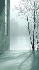 A tranquil scene featuring delicate tree branches casting shadows on a serene, misty river. Soft colors evoke a calm and peaceful mood in this ethereal landscape.