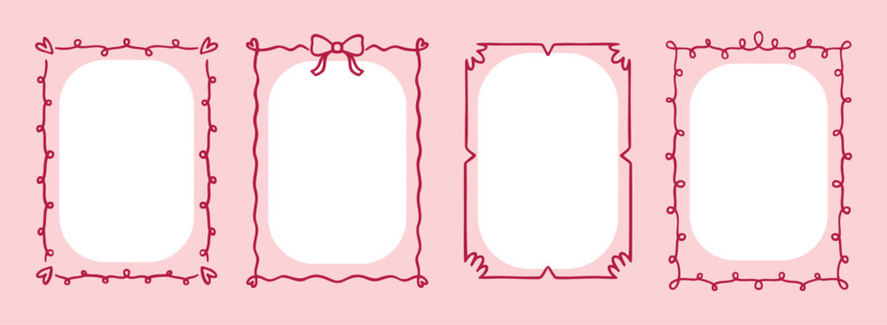  wedding quirky trendy frame or text box card, hand drawn pink borders or wavy borders. cute romantic frames line art