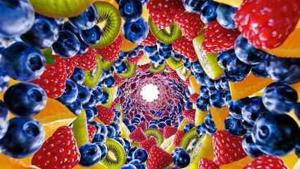 Fresh fruit pieces raspberries, blueberries, orange, kiwi spiraling dynamically around central luminous point, creating vivid, refreshing visual tunnel effect